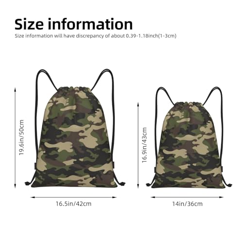 Camo Drawstring Backpack - Fashionable Camouflage Cinch Bag for Fitness center and Sports activities - Military Inexperienced Polyester Sackpack for Woodland Journey and Storage