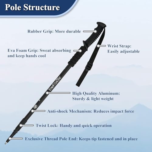 TheFitLife Nordic Strolling Trekking Poles - Set of two Adjustable, Light-weight, Anti-Shock Poles with Fast Lock System for Mountaineering, Tenting, Mountaineering, and Backpacking